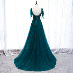 Lovely A-line Straps Tulle Teal Blue Long Evening Dress Prom Dress, A-line Formal Dresses