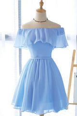 Lovely Blue Short Chiffon Off Shoulder Party Dresses, A-line Prom Dresses