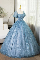 Lovely Blue Short Sleeves Long Party Dresses With Butterfly Lace, Blue Prom Dresses