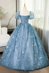 Lovely Blue Short Sleeves Long Party Dresses With Butterfly Lace, Blue Prom Dresses