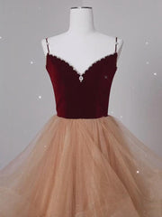 Lovely Champagne Tulle and Wine Red Velvet Straps Prom Dress, A-line Long Party Dress