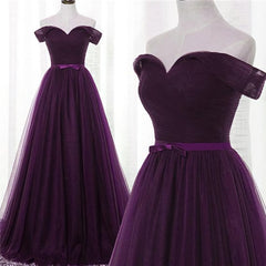 Lovely Dark Purple Tulle V-neckline Prom Dresses , Long Bridesmaid Dresses