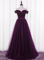 Lovely Dark Purple Tulle V-neckline Prom Dresses , Long Bridesmaid Dresses