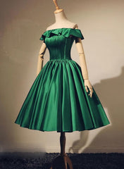 Lovely Green Satin Off Shoulder Knee Length Homecoming Dresses, Short Prom Dresses