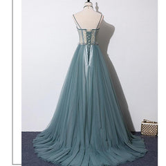 Lovely Green Tulle Lace Top Long Strapless Handmade Prom Dress,Tulle Evening Dress Party Dress