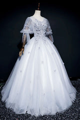 Lovely Grey Tulle Puffy Sleeves with Lace Long Formal Dress, Sweet 16 Dresses