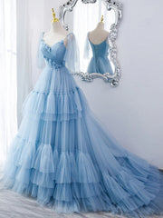 Lovely Light Blue Tulle with Straps Layers Long Formal Dresses, Blue Evening Gown Party Dresses