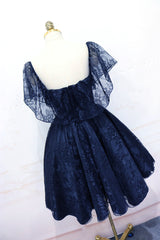 Lovely Navy Blue Lace Short Off Shoulder Prom Dress, Navy Blue Lace Homecoming Dresses