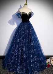 Lovely Navy Blue Tulle Off Shoulder Beaded Long Party Dresses, Navy Blue Tulle Prom Dresses