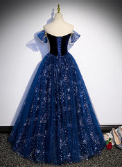 Lovely Navy Blue Tulle Off Shoulder Beaded Long Party Dresses, Navy Blue Tulle Prom Dresses