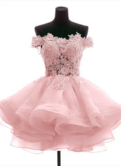 Lovely Off Shoulder Organza and Lace Sweetheart Prom Dresses, Homecoming Dresses