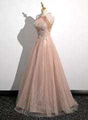 Lovely Pearl Pink Halter Tulle with Lace Applique Party Dress, A-line Tulle Long Prom Dress