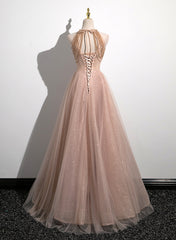 Lovely Pearl Pink Halter Tulle with Lace Applique Party Dress, A-line Tulle Long Prom Dress