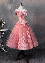 Lovely Pink Off Shoulder Party Dresses, Lace Applique Prom Dresses