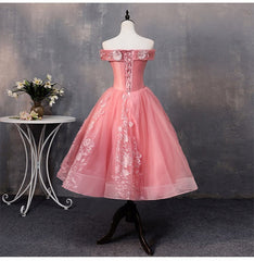 Lovely Pink Off Shoulder Party Dresses, Lace Applique Prom Dresses