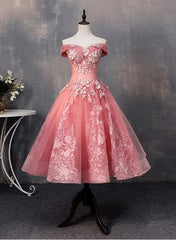 Lovely Pink Off Shoulder Party Dresses, Lace Applique Prom Dresses