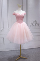 Lovely Pink Off Shoulder Style Princess Tulle Homecoming Dress, Pink Prom Dress Party Dress