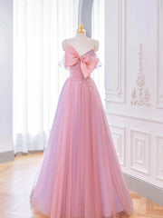 Lovely Pink Tulle Long Prom Dresses with Bow Pink Formal Dresses prom Dresses shops