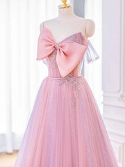 Lovely Pink Tulle Long Prom Dresses with Bow Pink Formal Dresses prom Dresses shops