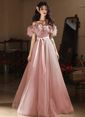 Lovely Pink Tulle Off Shoulder A-line Party Dresses, Pink Tulle Long Prom Dresses