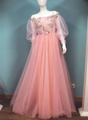 Lovely Pink Tulle Off Shoulder Sleeves Party Dresses A-line Pink Long Formal Dresses prom Dresses shops