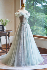 Lovely Tulle Floor Length Green Party Dresses, Off the Shoulder A-Line Evening Dresses