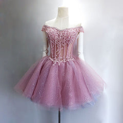 Lovely Tulle Light Pink-Purple Mini Party Dresses, Lovely Off Shoulder Lace-up Homecoming Dresses