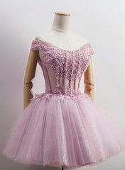 Lovely Tulle Light Pink-Purple Mini Party Dresses, Lovely Off Shoulder Lace-up Homecoming Dresses