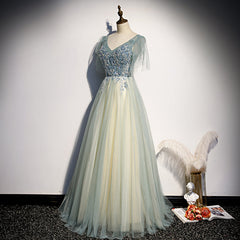 Lovely Tulle with Beaded V-neckline Long Party Dresses, A-line Prom Dresses Evening Dresses