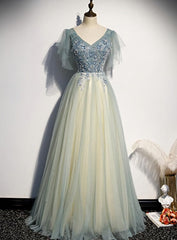 Lovely Tulle with Beaded V-neckline Long Party Dresses, A-line Prom Dresses Evening Dresses