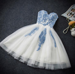 Lovely White Tulle Party Dress with Blue Applique, Homecoming Dress