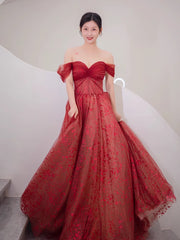 Lovely Wine Red Tulle Sweetheart Long Formal Dresses, Off Shoulder Wine Red Prom Dresses