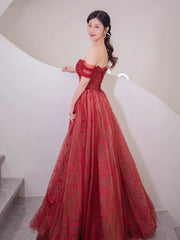 Lovely Wine Red Tulle Sweetheart Long Formal Dresses, Off Shoulder Wine Red Prom Dresses