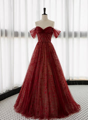 Lovely Wine Red Tulle Sweetheart Long Formal Dresses, Off Shoulder Wine Red Prom Dresses