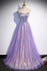 Purple Strapless Sequins Floor Length Prom Dress, A-Line Formal Dress