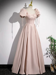 Pink Satin A-Line Floor Length Prom Dress, Off Shoulder Short Sleeve Evening Dress