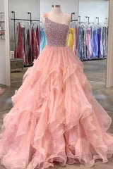 Pink Organza Beaded Long Formal Dress, A-Line One Shoulder Evening Dress