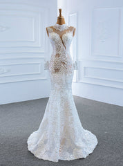 Low Price Guarantee White Mermaid Lace Long Sleeve High Neck Wedding Dresses