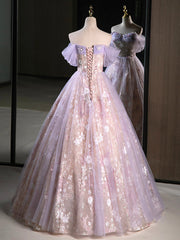 Purple A-Line Off the Shoulder Sequins Prom Dress, Lovely Tulle Corset Floor Length Evening Dress