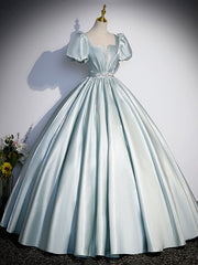 Beautiful Satin Floor Length Prom Dress, A-Line Short Sleeve Evening Party Dress