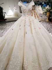 Luxury Ball Gown Champagne Off The Shoulder Long Train Wedding Dresses