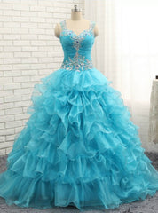 Luxury Blue Crystal Ruffles Sweetheart Organza Quinceanera Dresses