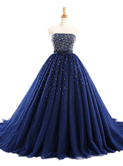 Luxury Blue Tulle Beading Strapless Bling Bling Wedding Dresses