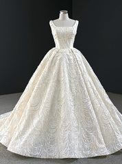 Luxury Champagne Ball Gown Tulle Pearls Square Wedding Dresses