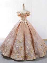 Luxury Gold Ball Gown Sequins Off The Shoulder Appliques Wedding Dresses