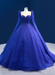 Luxury Royal Blue Long Sleeve Beading Prom Dresses