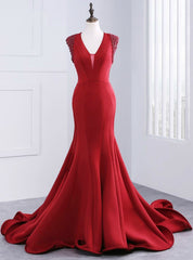 Luxury Satin V-neck Mermaid Long Dresses Floor Length Evening Dresses