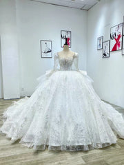 Luxury White Tulle Sequins Long Sleeve Wedding Dresses With Train