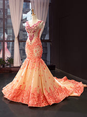 Luxury Yellow Mermaid Satin Orange Flower V-neck Beading Prom Dresses