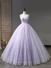 Light Purple Tulle Straps Long Prom Dress, Purple A-Line Princess Dress